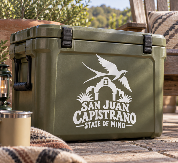 San Juan Capistrano vinyl decal with bird and mission arch, white on dark green