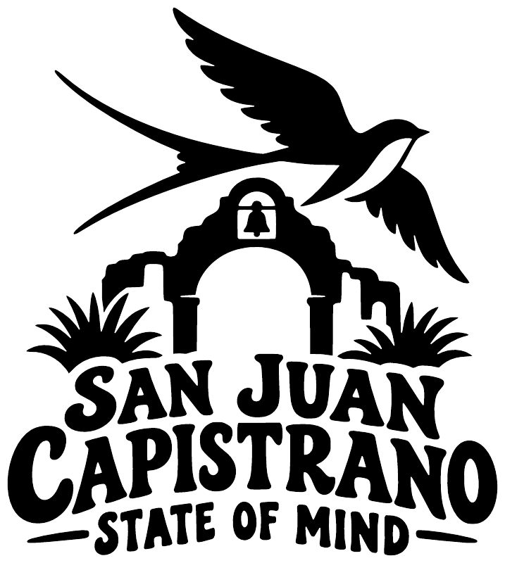 Black-and-white San Juan Capistrano decal with flying bird, arch, and text