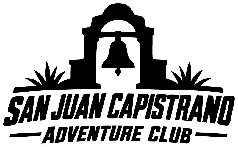 Black vinyl decal with bell tower icon and “San Juan Capistrano Adventure Club” wording.