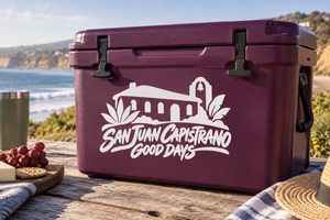 White San Juan Capistrano Good Days vinyl decal with church and palm icons on maroon