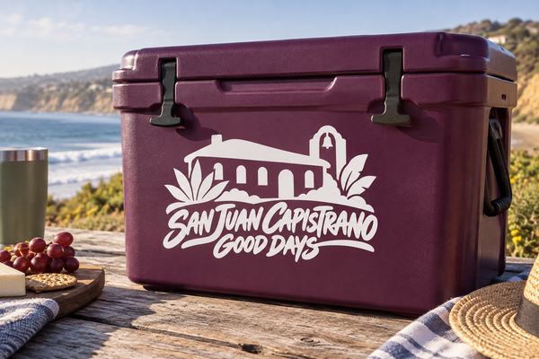 White San Juan Capistrano Good Days vinyl decal with church and palm icons on maroon