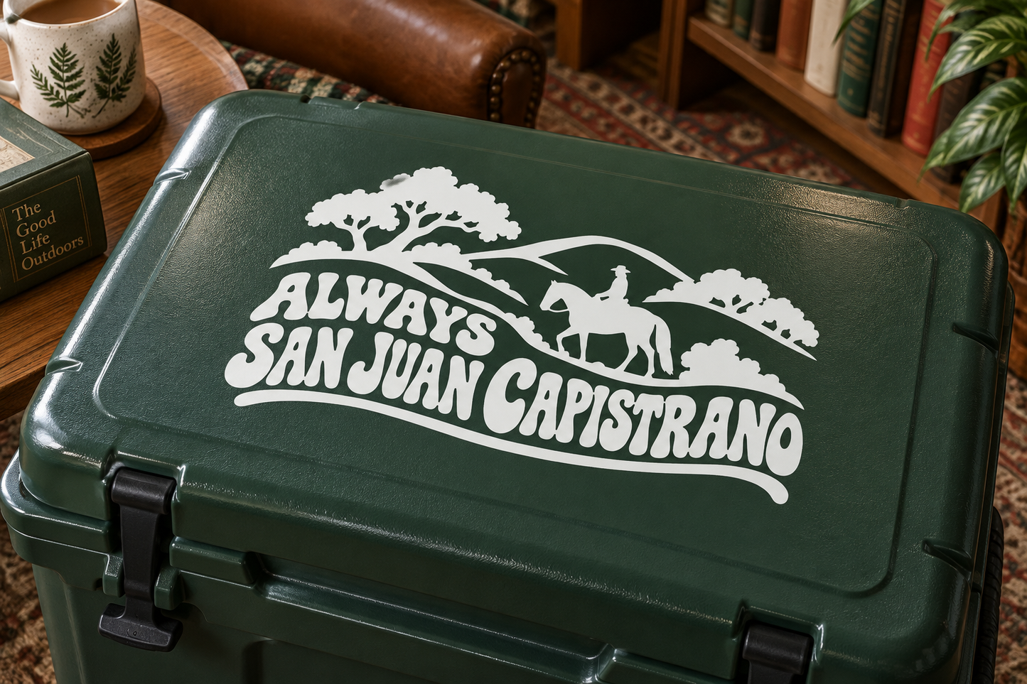 Vinyl decal with Always San Juan Capistrano text, horse rider and trees