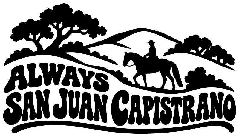 Vinyl decal with bold Always San Juan Capistrano text and horse rider silhouette, black
