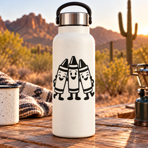 Three smiling crayon character vinyl decal on bottle, black-outlined cartoon