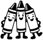 Three smiling crayon character vinyl decal, black-outlined cartoon on white