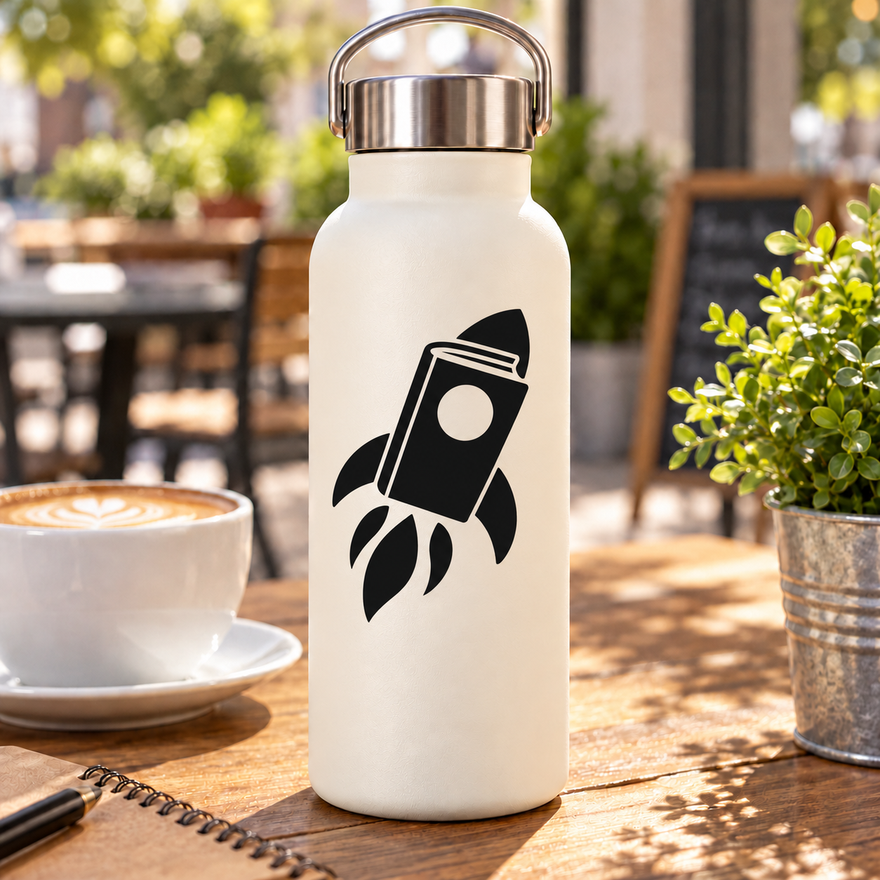Rocket book vinyl decal on white bottle, black rocket-book icon with flame shapes