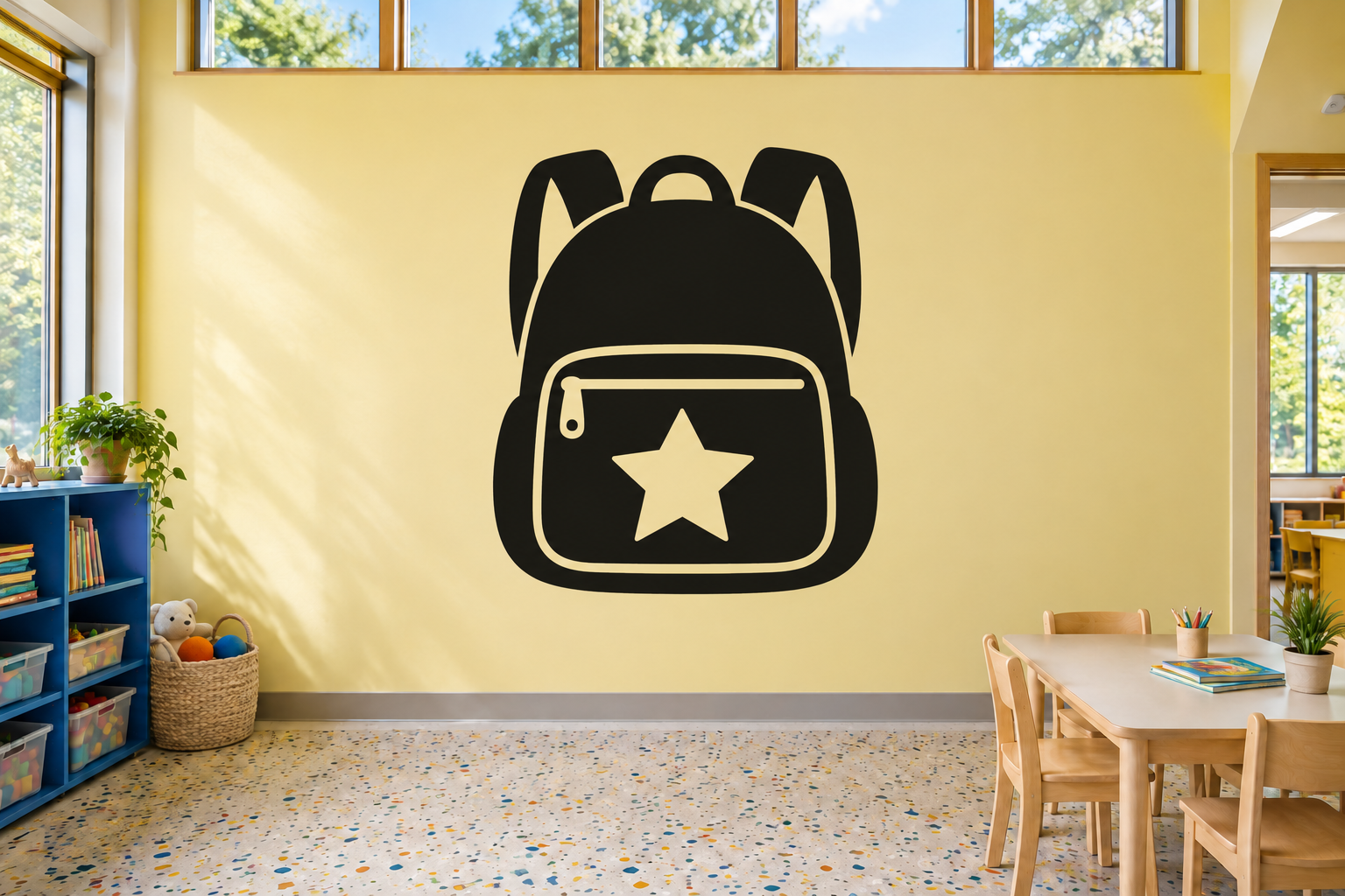 Black backpack vinyl decal with white star and outlined front pocket