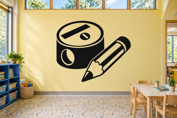 Pencil sharpener vinyl wall decal with cartoon pencil and bold black outline