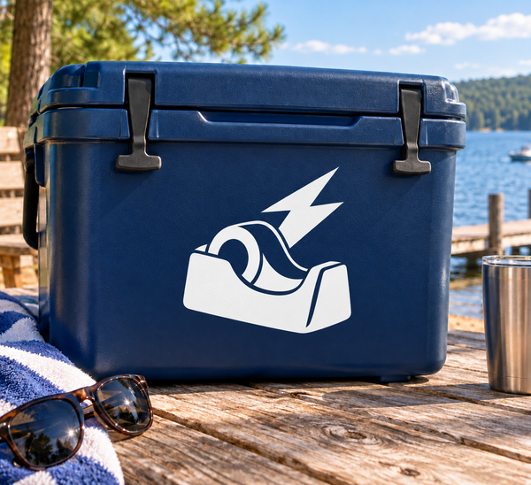 Vinyl decal with white tape and lightning logo on dark blue surface