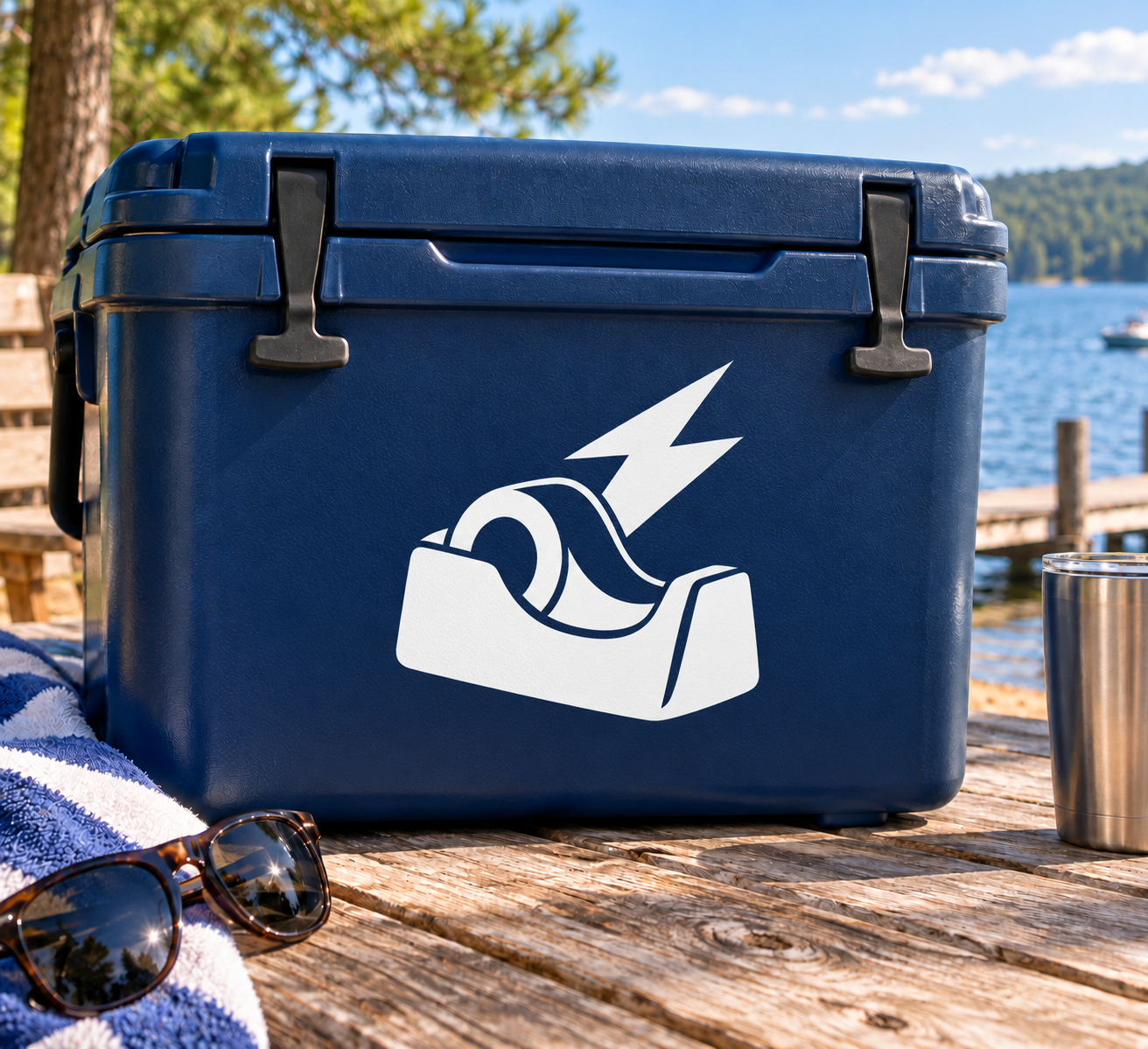 Vinyl decal with white tape and lightning logo on dark blue surface