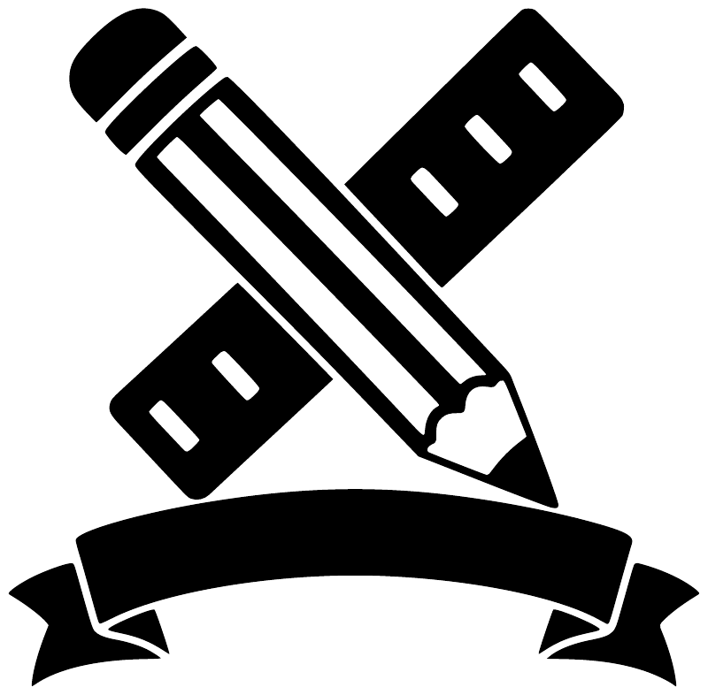 Pencil and ruler crest vinyl decal with banner, black design on white