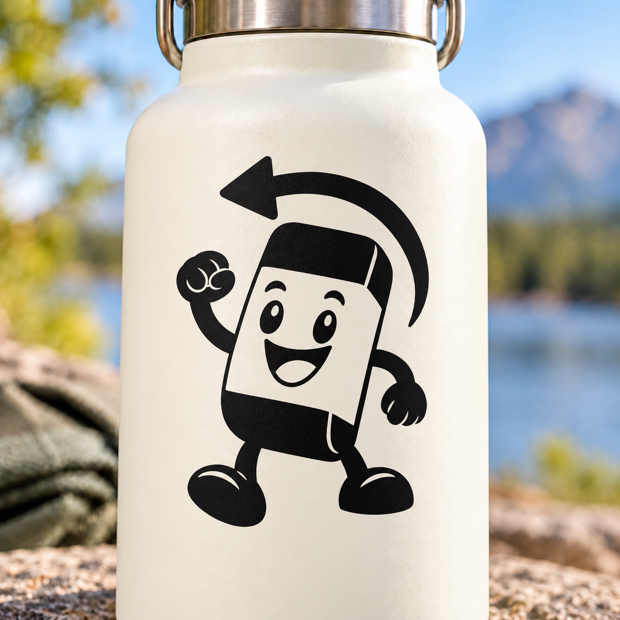 Eraser character vinyl decal with black arrow loop and smiling cartoon mascot