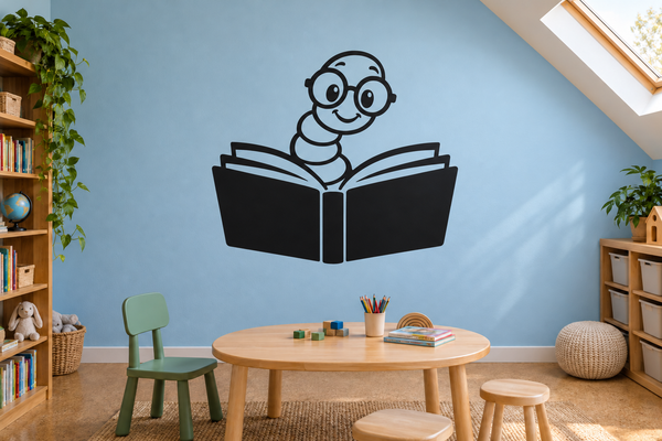 Bookworm Buddy vinyl decal of cartoon bookworm reading open book, glasses