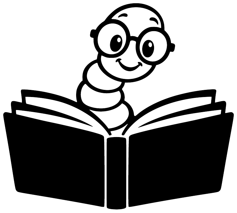 Bookworm Buddy vinyl decal close-up: smiling bookworm with glasses above open book