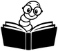 Bookworm Buddy vinyl decal close-up: smiling bookworm with glasses above open book