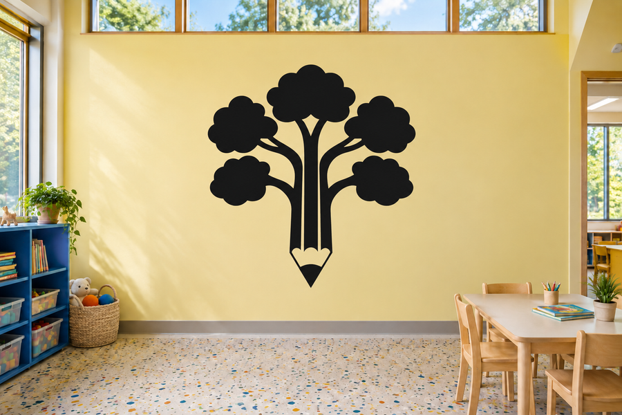 Black vinyl pencil-shaped tree decal for classroom walls