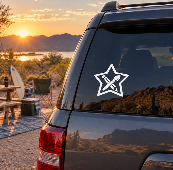 Star vinyl decal with pencil and ruler graphic on car window