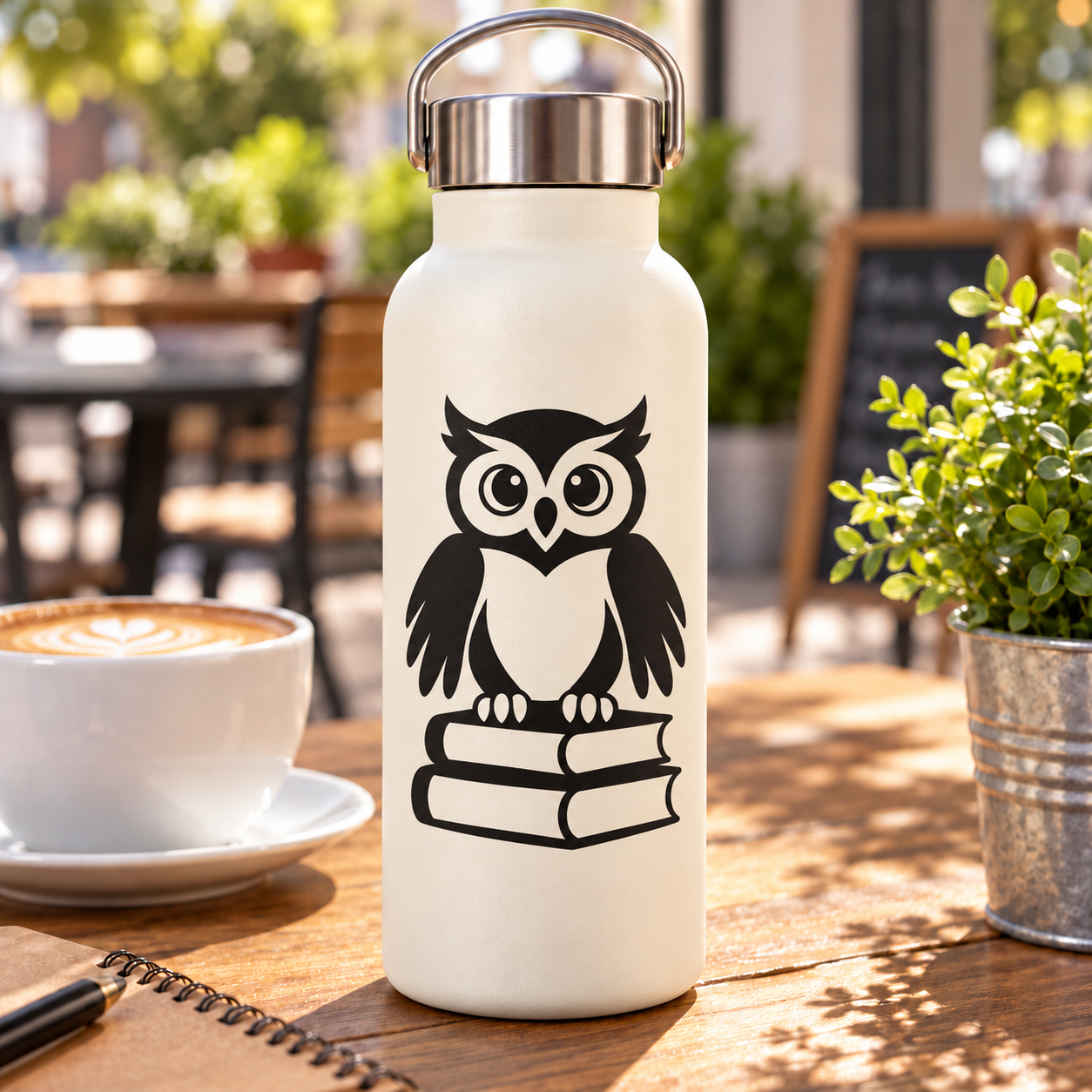 Owl vinyl decal on white bottle: black owl with stacked books