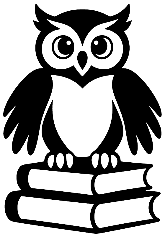 Black owl vinyl decal with wide eyes, perched on stacked books