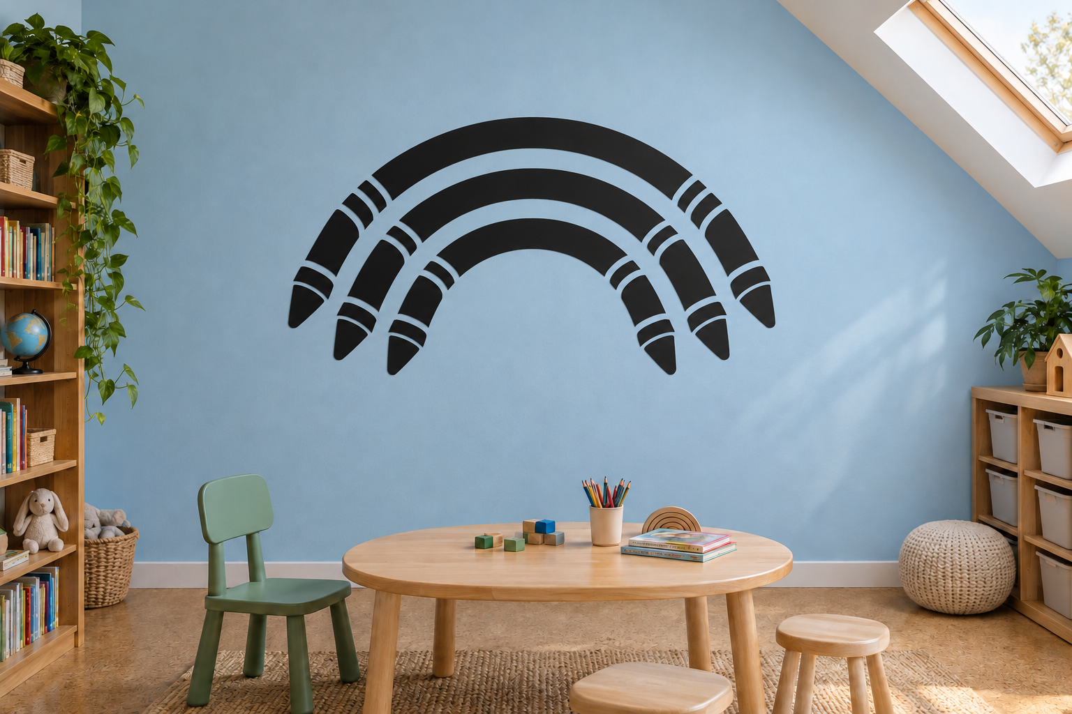 Rainbow vinyl decal with black and white striped arc design