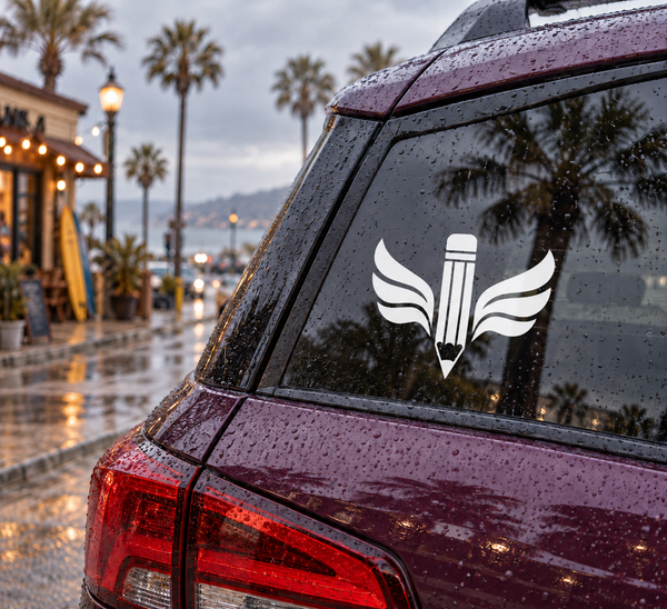 Pencil with wings vinyl decal on rear car window, white design