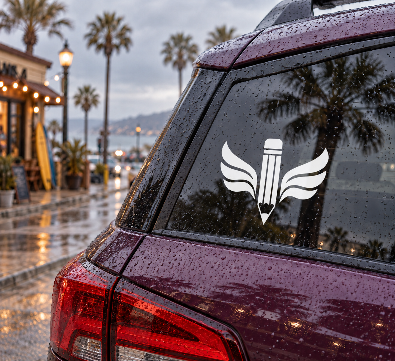 Pencil with wings vinyl decal on rear car window, white design