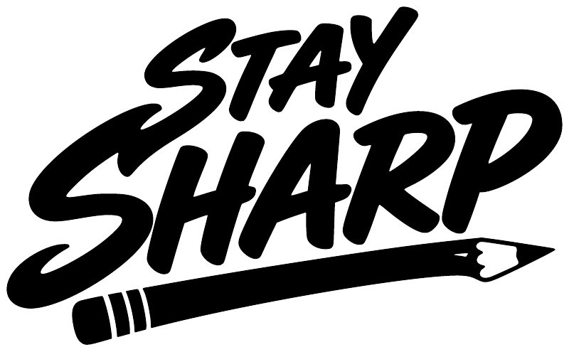 Black “Stay Sharp” vinyl decal with arrow and pencil-style text
