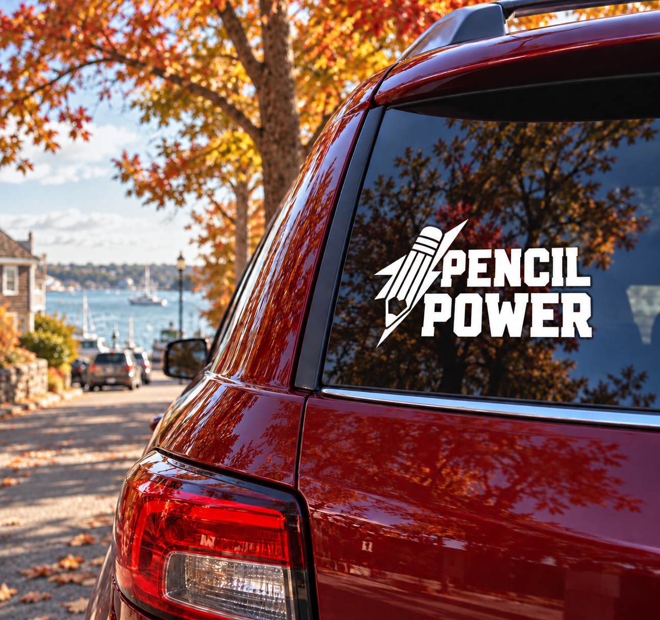 Vinyl decal for vehicles with Pencil Power logo and stylized pencil icon