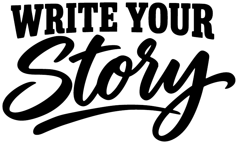 Close-up black vinyl decal reading “Write Your Story” in flowing cursive script