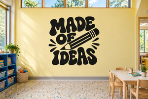Vinyl wall decal with bold "MADE OF IDEAS" lettering and pencil graphic