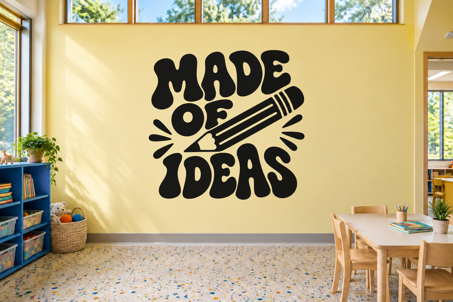 Vinyl wall decal with bold "MADE OF IDEAS" lettering and pencil graphic