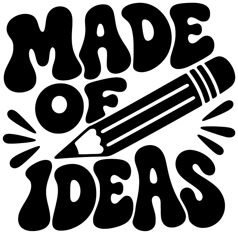 Black "MADE OF IDEAS" vinyl decal lettering with pencil and spark accent lines