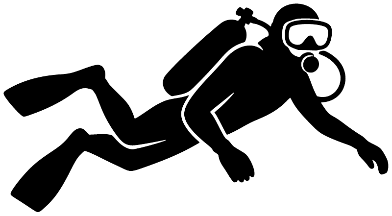 Scuba diving vinyl decal of a black diver with scuba tank and bubbles on white