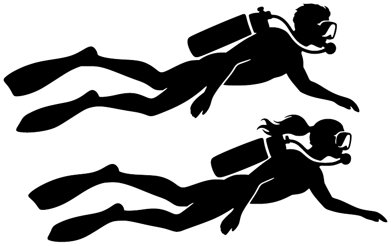 Scuba diving buddy vinyl decal, two diver silhouettes swimming, black on white