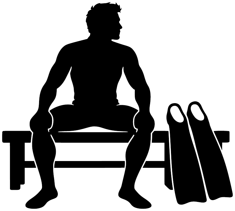 Scuba diving bench vinyl decal showing diver silhouette sitting with scuba fins