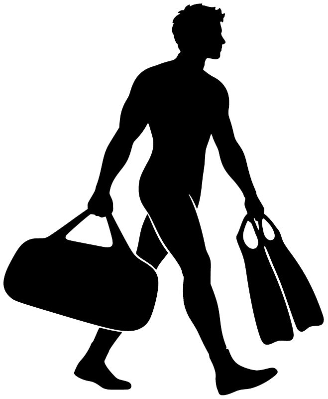 Scuba diver walk-to-water vinyl decal silhouette, kneeling with fins and duffel bag