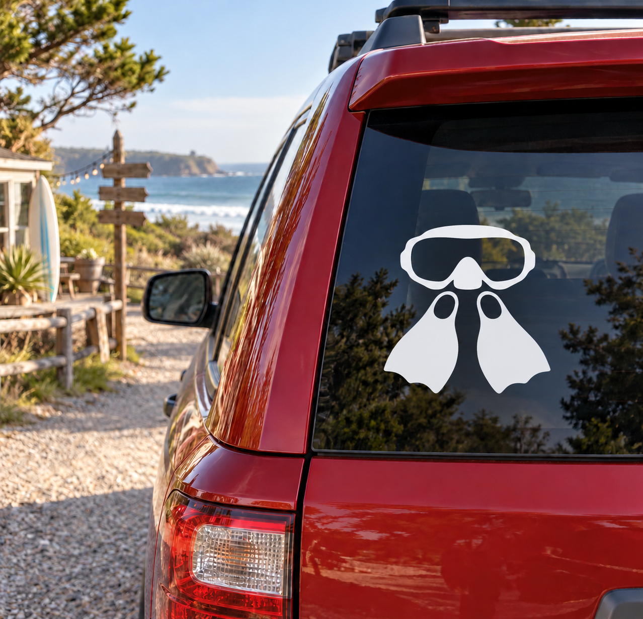 Scuba diving vinyl decal: white mask with black snorkel and fins on window