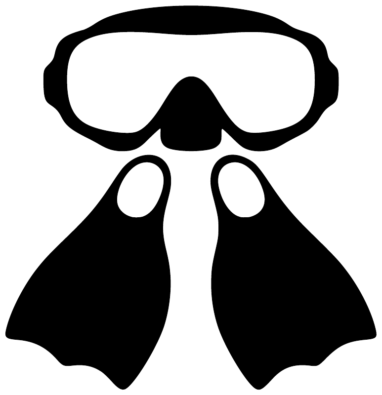 Scuba diving vinyl decal close-up: white mask with black snorkel and fins