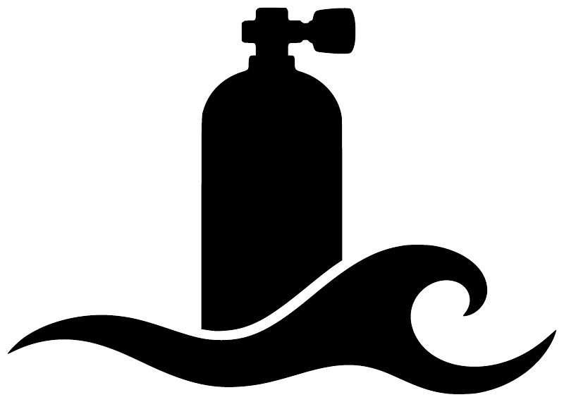 Scuba diving tank and ocean wave vinyl decal silhouette, black with white wave