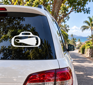 Scuba diving gear bag vinyl decal on car rear window, white outline with icon