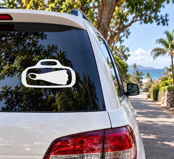 Scuba diving gear bag vinyl decal on car rear window, white outline with icon