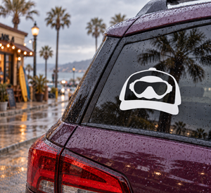 Scuba diving vinyl decal: white scuba mask icon on cap shape