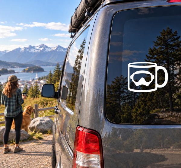 Scuba diving vinyl decal with white scuba mask icon on dark window