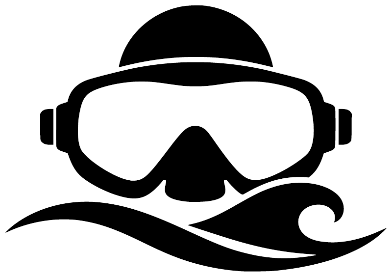 Scuba diving mask wave vinyl decal graphic, white goggles and wave on black background