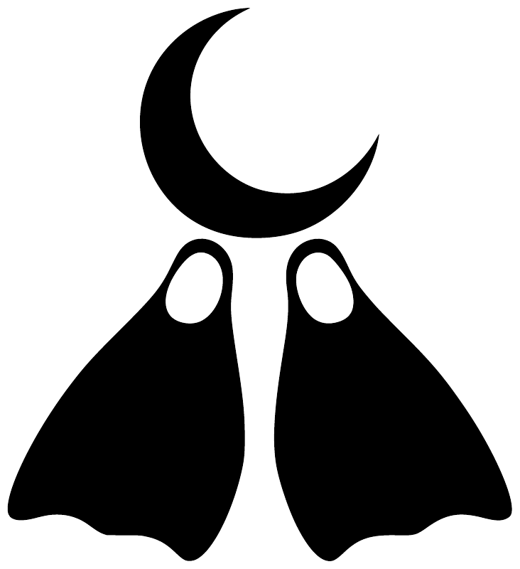 Scuba diving moon and fin emblem vinyl decal, black crescent moon over fins icon