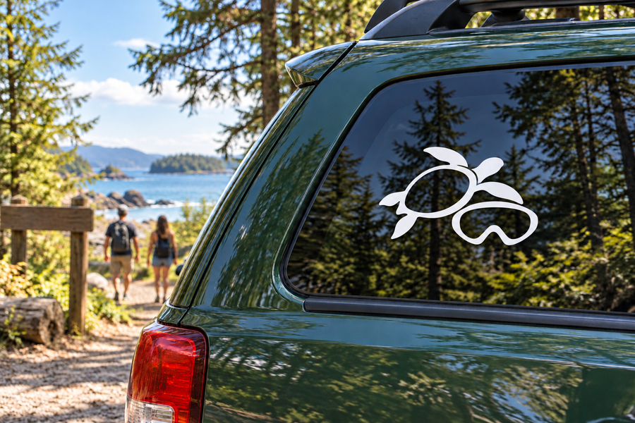 Scuba diving turtle vinyl decal, white turtle with scuba mask on car window