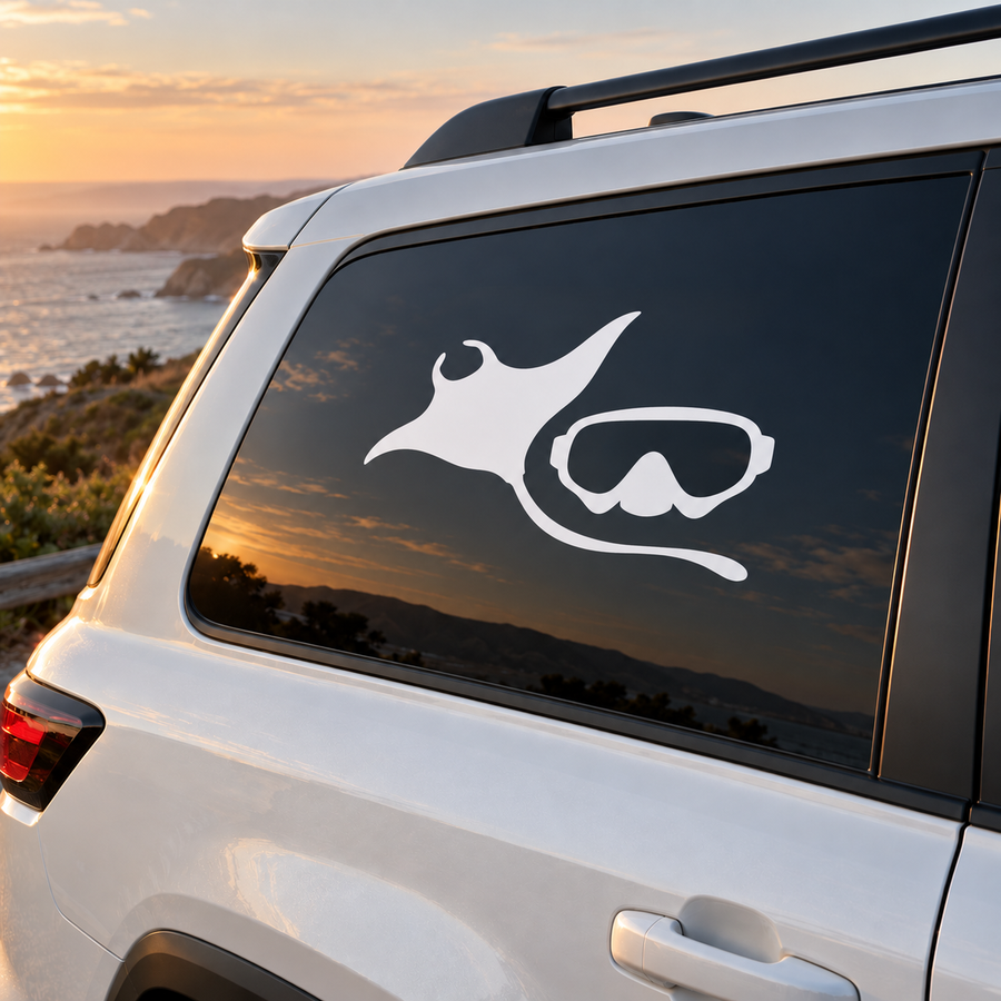Scuba diving ray and ocean mask vinyl decal, white icons on dark car window