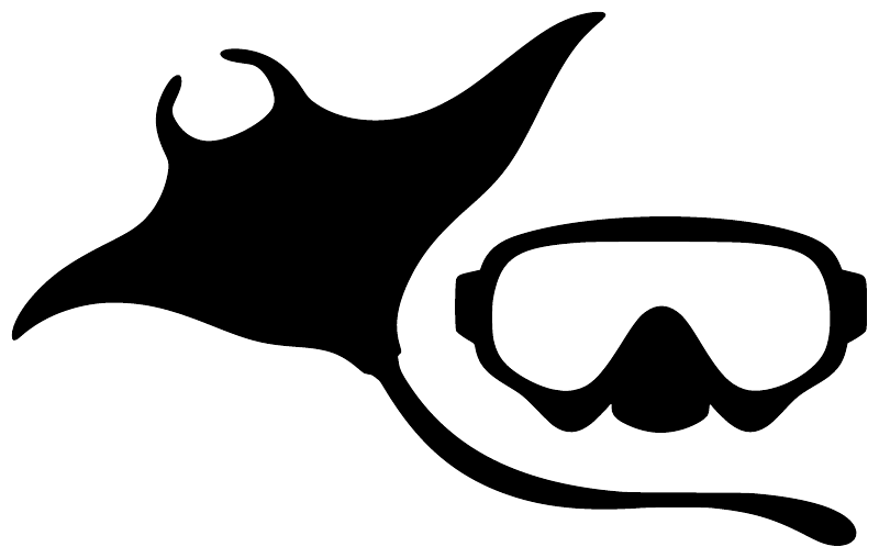 Scuba diving ray and ocean mask vinyl decal, black icons with thick outlines