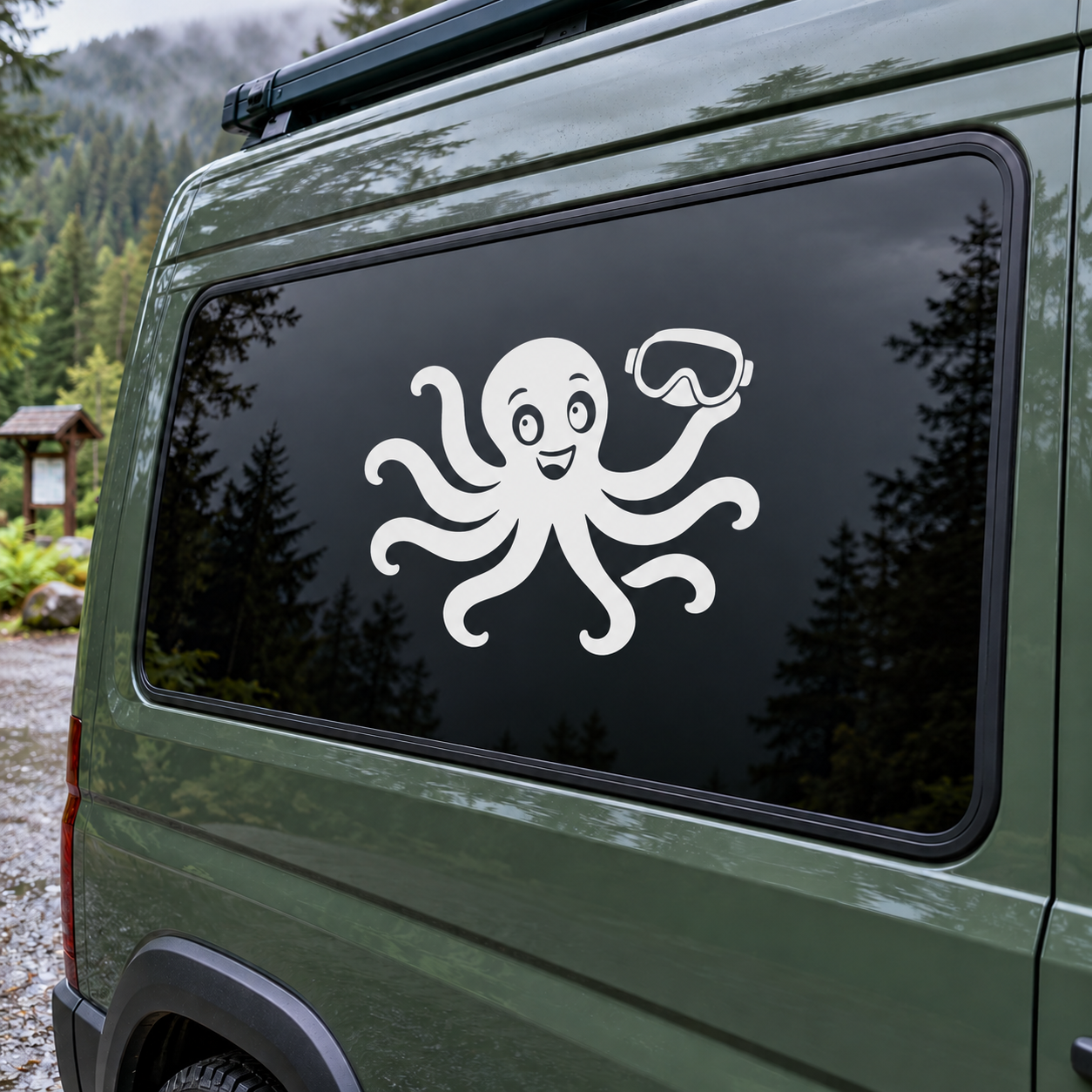 Scuba octopus vinyl decal with diving mask, tentacles spread, on dark surface
