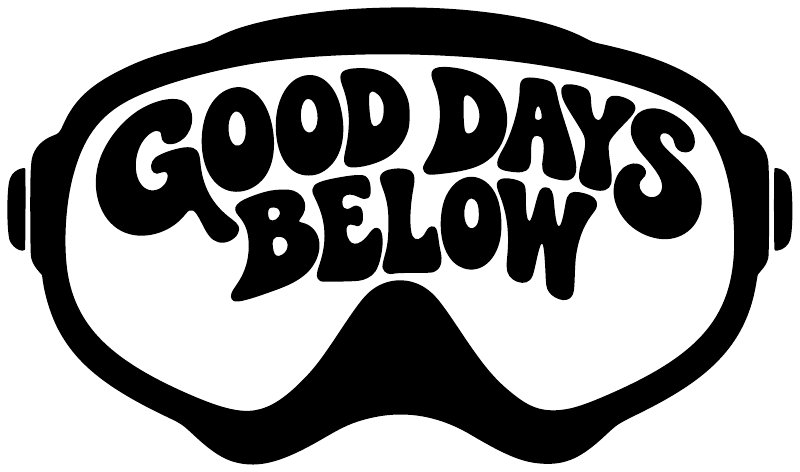 Scuba diving vinyl decal close-up: “GOOD DAYS BELOW” in bold letters on white goggles